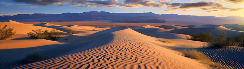 Majestic Desert Sand Dunes at Sunset - A Scenic Landscape with Warm Glowing Light and Vibrant Colors