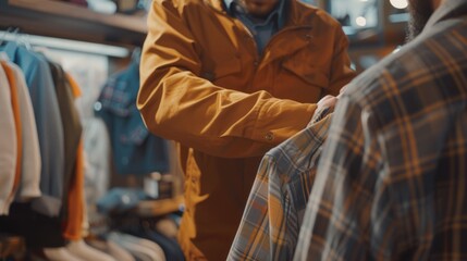 Fototapeta premium A person examining clothing in a retail setting