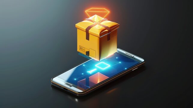 A 3D icon of a holographic parcel rotating above a smartphone, indicating technology-driven delivery solutions.