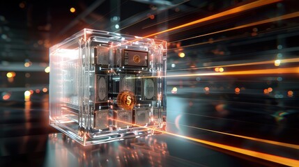 A 3D icon of a transparent safe filled with light beams and holographic currency, emphasizing modern secure financial technologies.