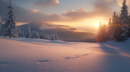 A serene winter landscape at sunset, featuring snow-covered hills and frosted trees under a pastel sky.