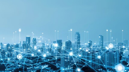 The urban skyline glows as a network of illuminated connections showcases technological advancements in a vibrant city at dusk.