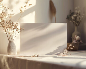 Elegant Blank Notice Invitation with Boho Decorations on Table in Soft Daylight - Minimalistic Close-up Photography