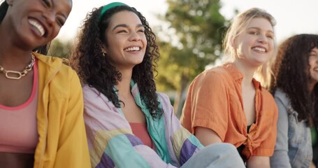 Women, happy or friends in park on holiday vacation for bonding or laughing together in summer. Excited, smile or funny gen z group of people outdoors in USA with freedom, diversity or wellness - Powered by Adobe