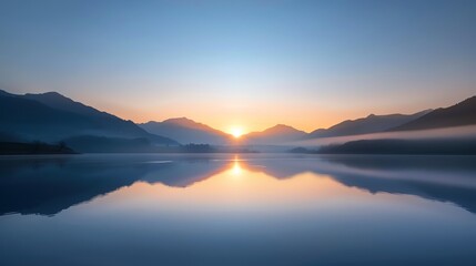Obraz premium A tranquil sunrise over a serene lake, reflecting mountains and a clear sky, perfect for nature and landscape photography.