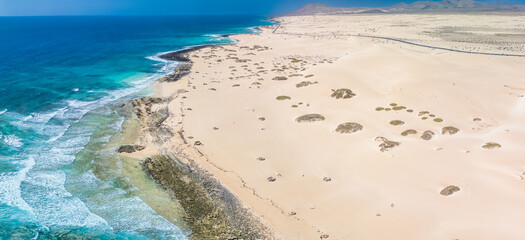 Aerial view of Dunas de Corralejo beach in Fuerteventura, Canary Island