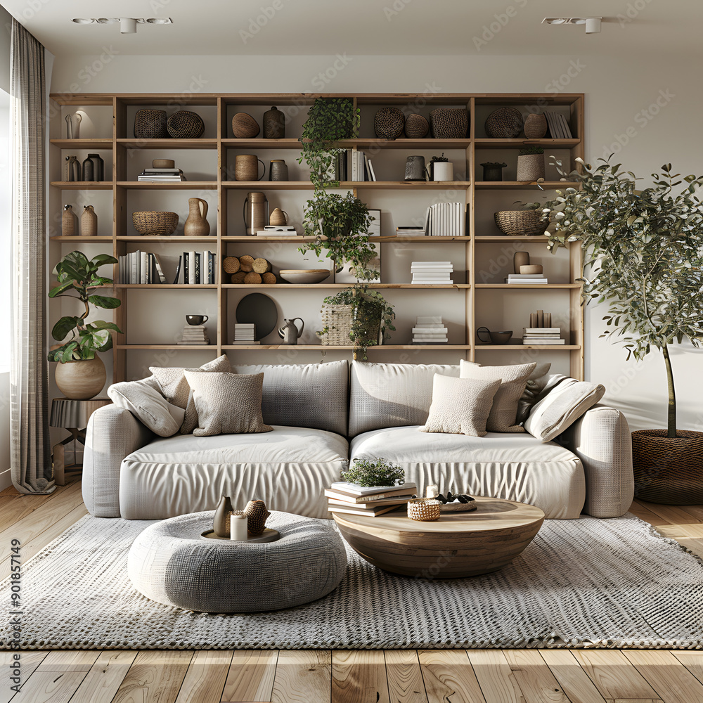 Wall mural interior of beautiful living room with soft sofa, shelving unit and coffee table isolated on white background, simple style, png