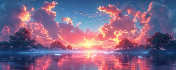Obraz premium Dreamlike Sunset Over Tranquil Lake with Vibrant Clouds and Reflective Waters Creating a Surreal and Imaginative Landscape