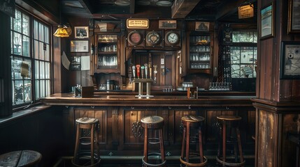Quaint British pub interior with wooden paneling, rustic bar stools, and a classic bar scene atmosphere filled with nostalgia