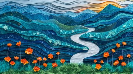 Vibrant Imagination with Paper Art Collage - Colorful Landscape with Mountains, River, and Flowers