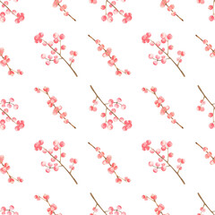 Watercolor hand drawn autumn seamless pattern with red berries. Fall endless pattern with rowan. Scrapbook paper. Pattern for fabric, wrapping paper. Digital paper.