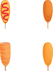 Korean dish icons set cartoon vector. Sausage in dough on stick. Food concept