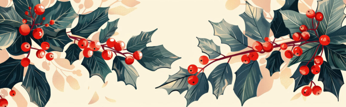 minimalist background with simple holly leaves and berries, using clean lines and basic shapes to convey a festive atmosphere