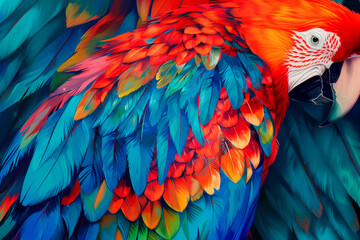 Obraz premium Flat, uniform , repeating print of Macau parrot feather. Creative natural print for fabric, wallpaper, rug or background