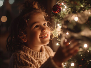 a happy little girl looking at the decorations of the christmas tree
