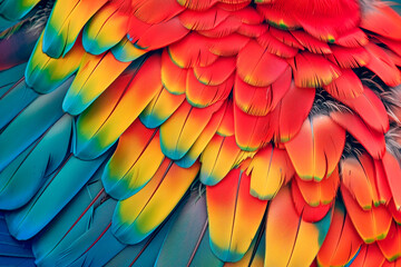 Obraz premium Flat, uniform , repeating print of Macau parrot feather. Creative natural print for fabric, wallpaper, rug or background