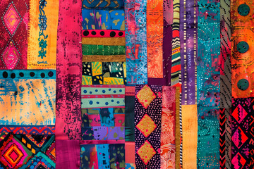 
Produce an artwork of a colorful carpet in a mixed media style, blending fabric swatches, paint strokes, and collage techniques. Creative natural print for fabric, wallpaper, rug or background