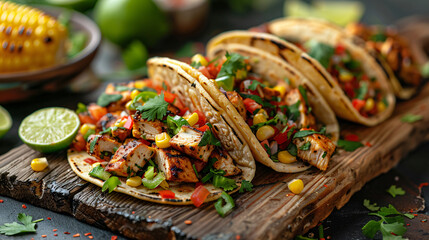 A wooden board with chicken tacos lime slices and vegetable salad