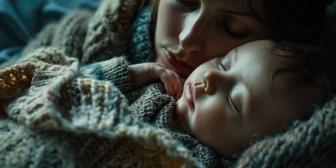 A mother cradles her newborn baby in a cozy blanket, conveying warmth and love
