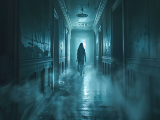View of creepy girl entity on the hallway