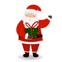 Santa Claus holds Christmas gift in flat style. Vector illustration cute character is isolated for festive holiday designs. Concept of Christmas and New Year holiday