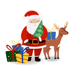 Santa Claus with Reindeer and gift in flat style, isolated for holiday designs banner, cover, advertisement, greeting card. Vector illustration of Christmas. Concept of Christmas and New Year