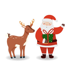 Santa Claus with Reindeer and gift in flat style, isolated for holiday designs banner, cover, advertisement, greeting card. Vector illustration of Christmas. Concept of Christmas and New Year