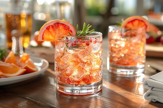 a group of glasses with oranges on a table.