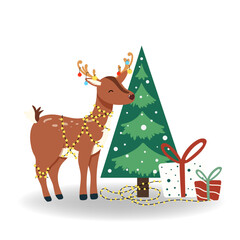 Vector illustration of Christmas. Santa's Reindeer with gift, Christmas tree in flat style, isolated for holiday designs banner, cover, advertisement, greeting card. Concept of Christmas and New Year