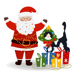 Santa Claus with Cat, Christmas tree, gift boxes in flat style. Vector illustration isolated for holiday designs of banner, cover, advertisement, greeting card. Concept of Christmas and New Year