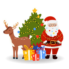 Santa Claus with Reindeer and gift in flat style, isolated for holiday designs banner, cover, advertisement, greeting card. Vector illustration of Christmas. Concept of Christmas and New Year