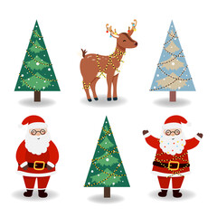 Vector illustration Santa Claus with Christmas tree and gift boxes in flat style, isolated for holiday designs of banner, cover, advertisement, greeting card. Concept of Christmas and New Year