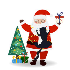 Vector illustration of Cat climbs on Santa Claus, Christmas tree, gift boxes in flat style, isolated for holiday designs: banner, cover, advertisement, greeting card. Concept of Christmas and New Year