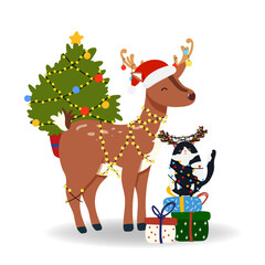 Santa's Reindeer with Cat, Christmas tree, gift boxes in flat style. Vector illustration isolated for holiday designs banner, cover, advertisement, greeting card. Concept of Christmas and New Year