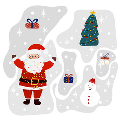 Santa Claus with Reindeer and gift in flat style, for holiday designs banner, cover, advertisement, greeting card. Vector illustration map of Christmas. Concept of Christmas and New Year