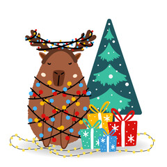 Funny Christmas Vector illustration. Capybara, gift box, Christmas tree in flat style, isolated for designs banner, cover, advertisement, greeting card. Concept of Christmas and New Year