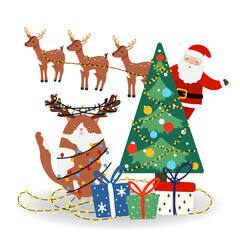 Funny Christmas Vector illustration. Cat, gift box, Christmas tree, Santa Claus in flat style, isolated for designs banner, cover, advertisement, greeting card. Concept of Christmas and New Year