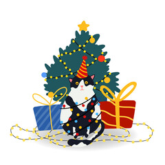 Funny Christmas Vector illustration. Cat, gift box, Christmas tree, Santa Claus in flat style, isolated for designs banner, cover, advertisement, greeting card. Concept of Christmas and New Year