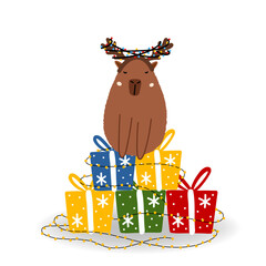 Funny Christmas Capybara Vector illustration. Capibara on the gift boxes in flat style, isolated for holiday designs banner, cover, advertisement, greeting card. Concept of Christmas and New Year