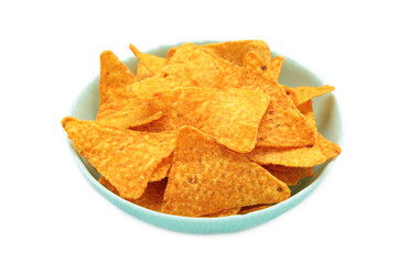 Crispy corn tortilla nachos chips in bowl isolated on white background