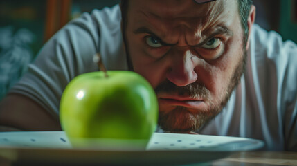 An obese man with obvious anger on his face looks at a green apple, an organic fruit placed on a plate, prepared for breakfast.