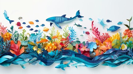 Fototapeta premium Vibrant ESG Green Concept with Paper Art Collage of Marine Life and Coral Reefs for Sustainable and Eco-Friendly Themes