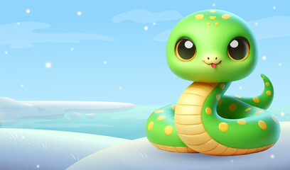 New Year poster with snake, postcard template for congratulations on 2025. Trendy poster with 3D character - green snake and New Year winter atmosphere