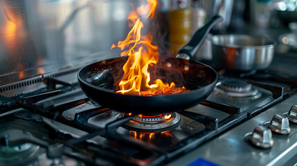 Fire bursting from under a black frying pan on the stove.