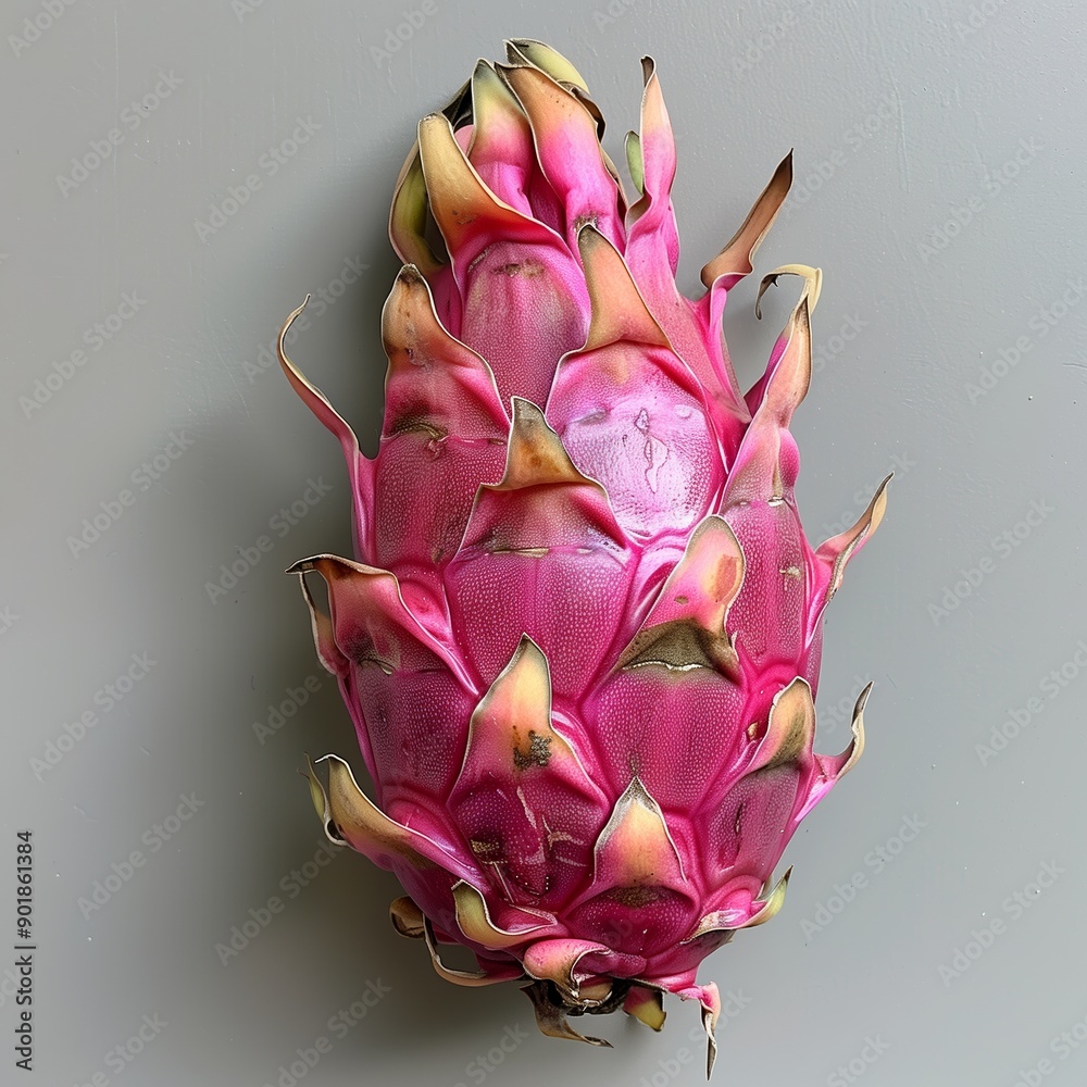 Sticker ripe pink dragon fruit against a grey background