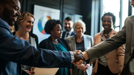 A group of people shaking hands in a business setting