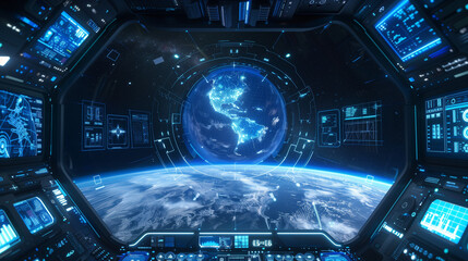 Fototapeta premium Futuristic blue holographic display orbiting the Earth in space. Concept of global information and connectivity, communication system interface, internet visualization on control panel.
