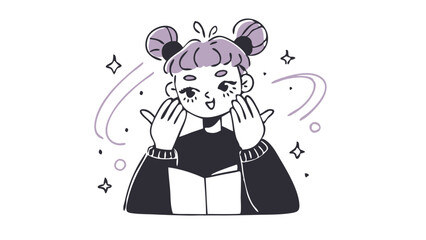 Doodle Illustration of a girl with purple hair buns, open book, and happy expression. Pastel color palette and whimsical design. Great for educational apps, kids' content, and learning resources.