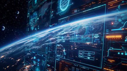 Futuristic blue holographic display orbiting the Earth in space. Concept of global information and connectivity, communication system interface, internet visualization on control panel.