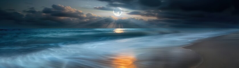 Moonlit Coastal Nightscape with Waves and Reflected Light on the Shoreline